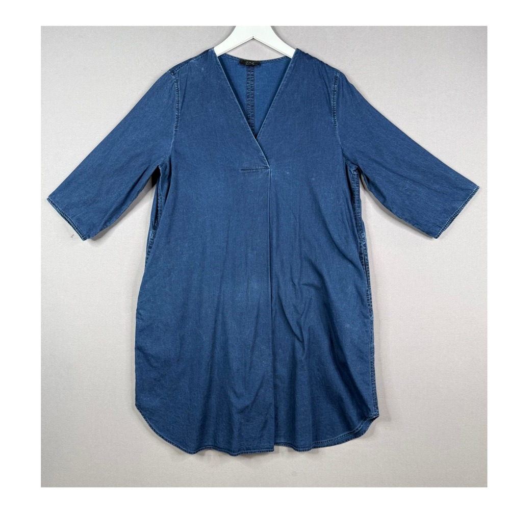 COS Denim Tunic Dress Womens 8 M Blue V-Neck 3/4 Sleeve Side Pockets 100% Cotton